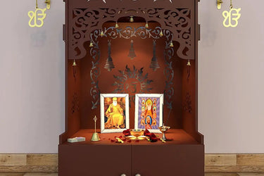 Ek-onkar Home Temple with Inbuilt Focus Light & Spacious Wooden Shelf- Brown