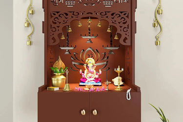 Lotus Brown Wooden Wall Temple for Home With Inbuilt focus Lights & Spacious Shelf