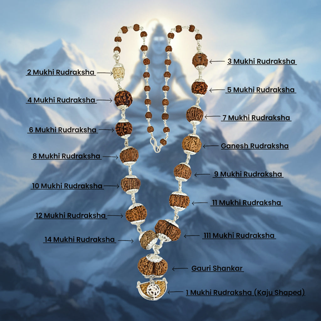 1–14 Mukhi Rudraksha Mala – Nepal Origin | With Ganesh Mukhi & Gaurishankar