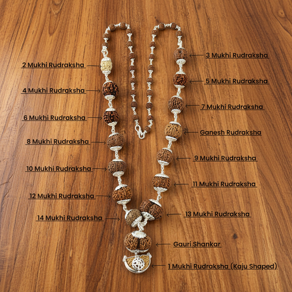 1–14 Mukhi Rudraksha Mala – Nepal Origin | With Ganesh Mukhi & Gaurishankar