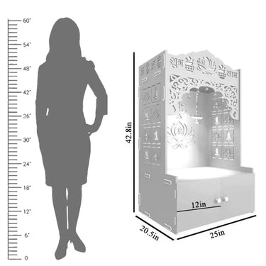 Lotus Pattern MDF Wood Temple with Spacious Shelf & Inbuilt Focus Light- White