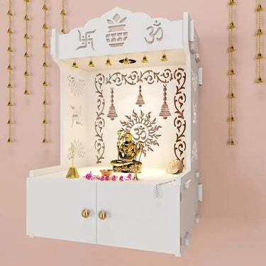 Premium Wall Temple with Inbuilt Focus Light & Spacious Wooden Shelf- White