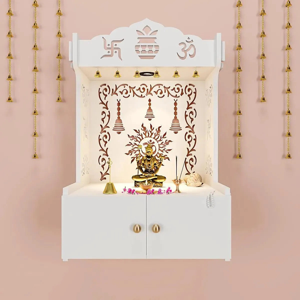 Premium Wall Temple with Inbuilt Focus Light & Spacious Wooden Shelf- White