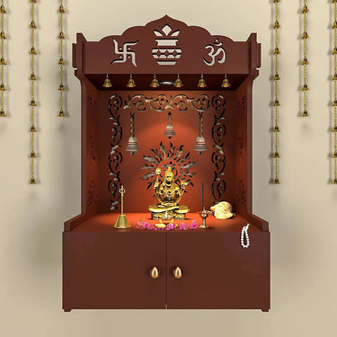 Premium Wall Temple with Inbuilt Focus Light & Spacious Wooden Shelf- Brown