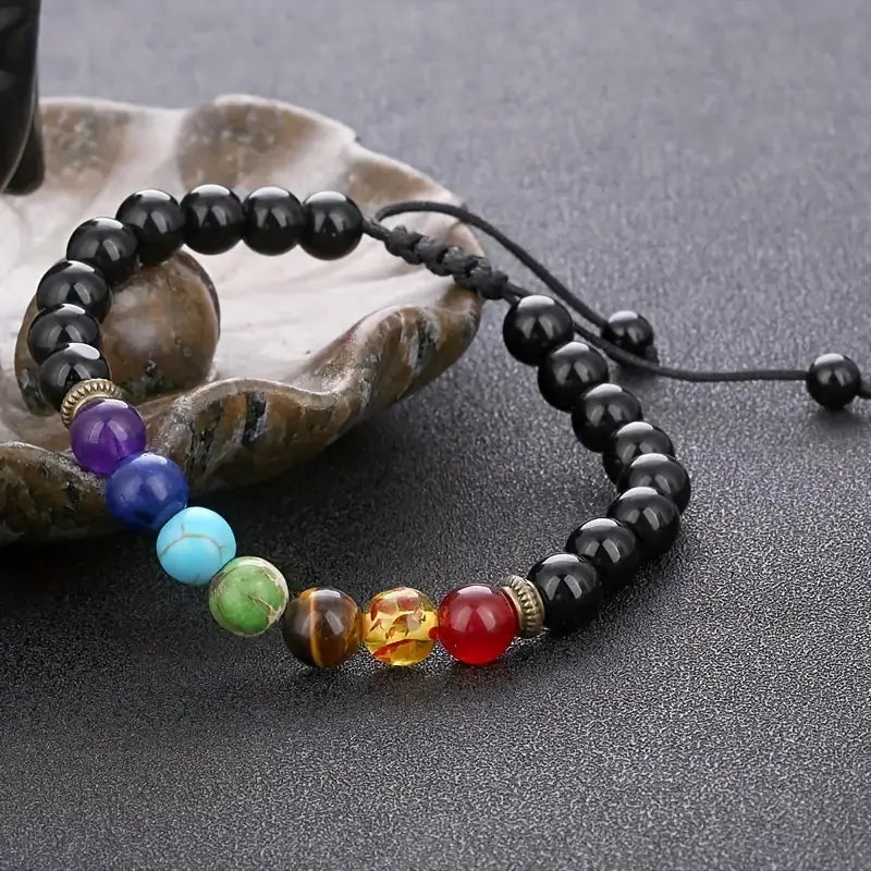 7 Chakras Balance & Meditation Healing Adjustable Stretchable Lava Rock Bracelet