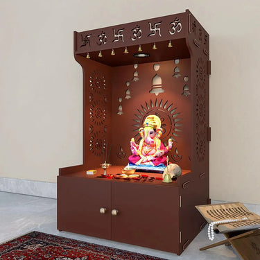 Divine Wooden Brown Home Temple With Spacious Shelf & Inbuilt Focus Light